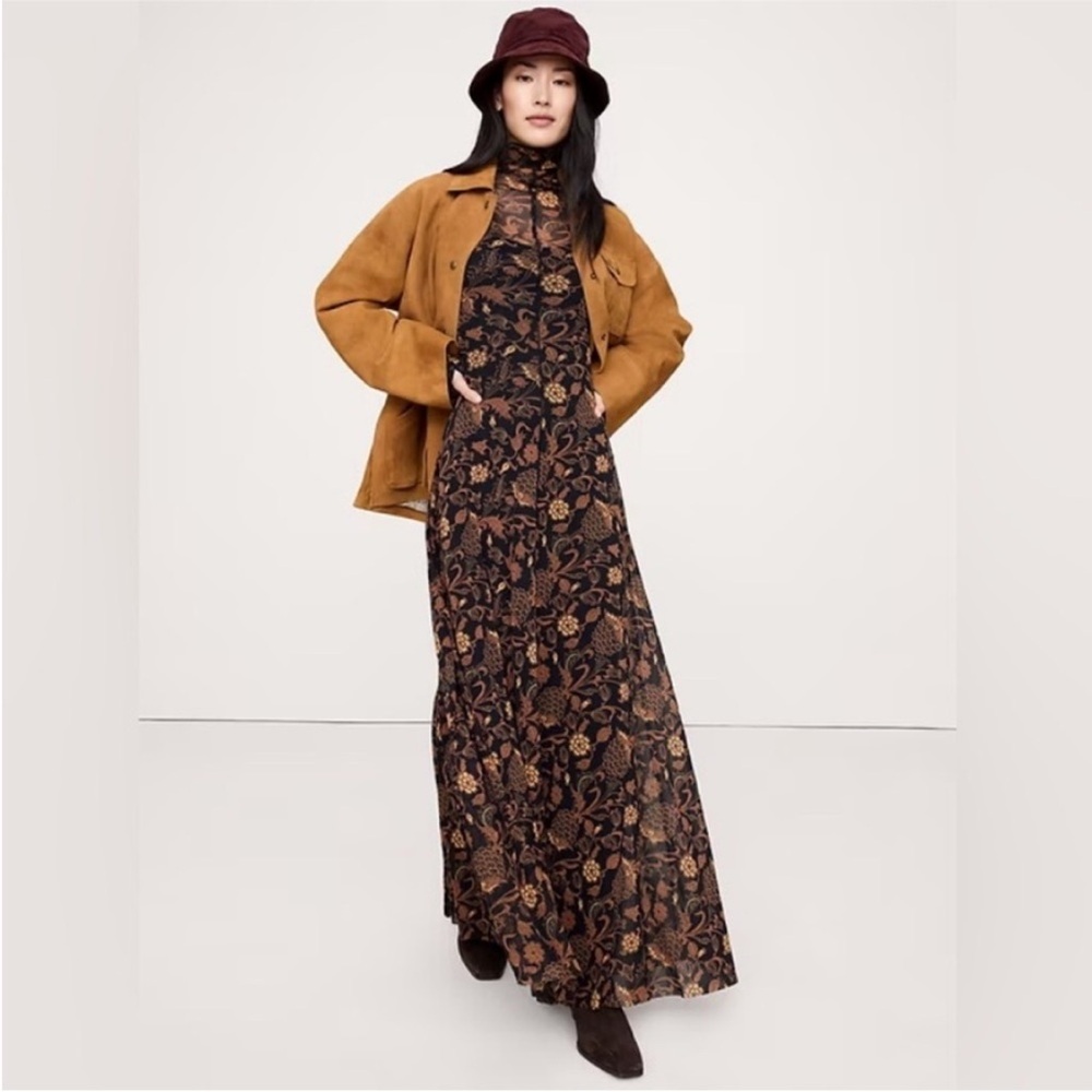 Banana Republic Long Sleeve Mesh Black and Brown Floral Maxi Dress - Picture 3 of 4